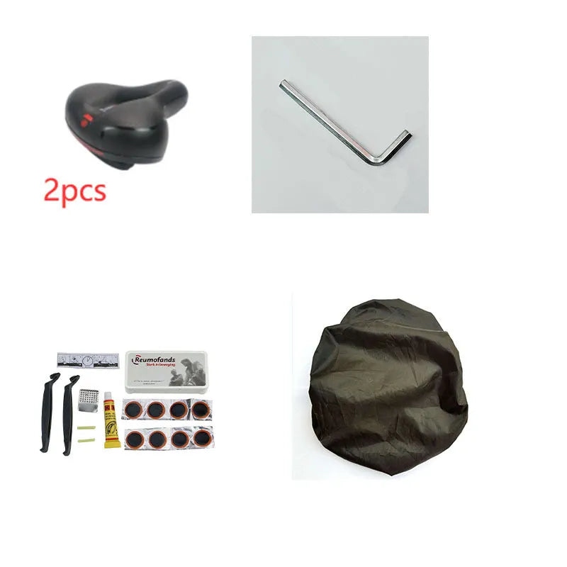 Soft silicone bicycle saddle cushion with black PU leather cover, shown with included waterproof cover, wrench, and puncture repair kit.