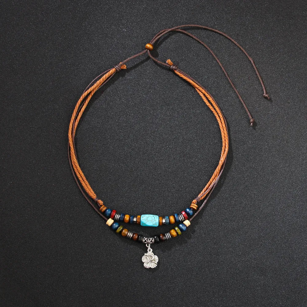Men's wooden bead necklace with turquoise wax rope and alloy geometric flower pendant in retro design