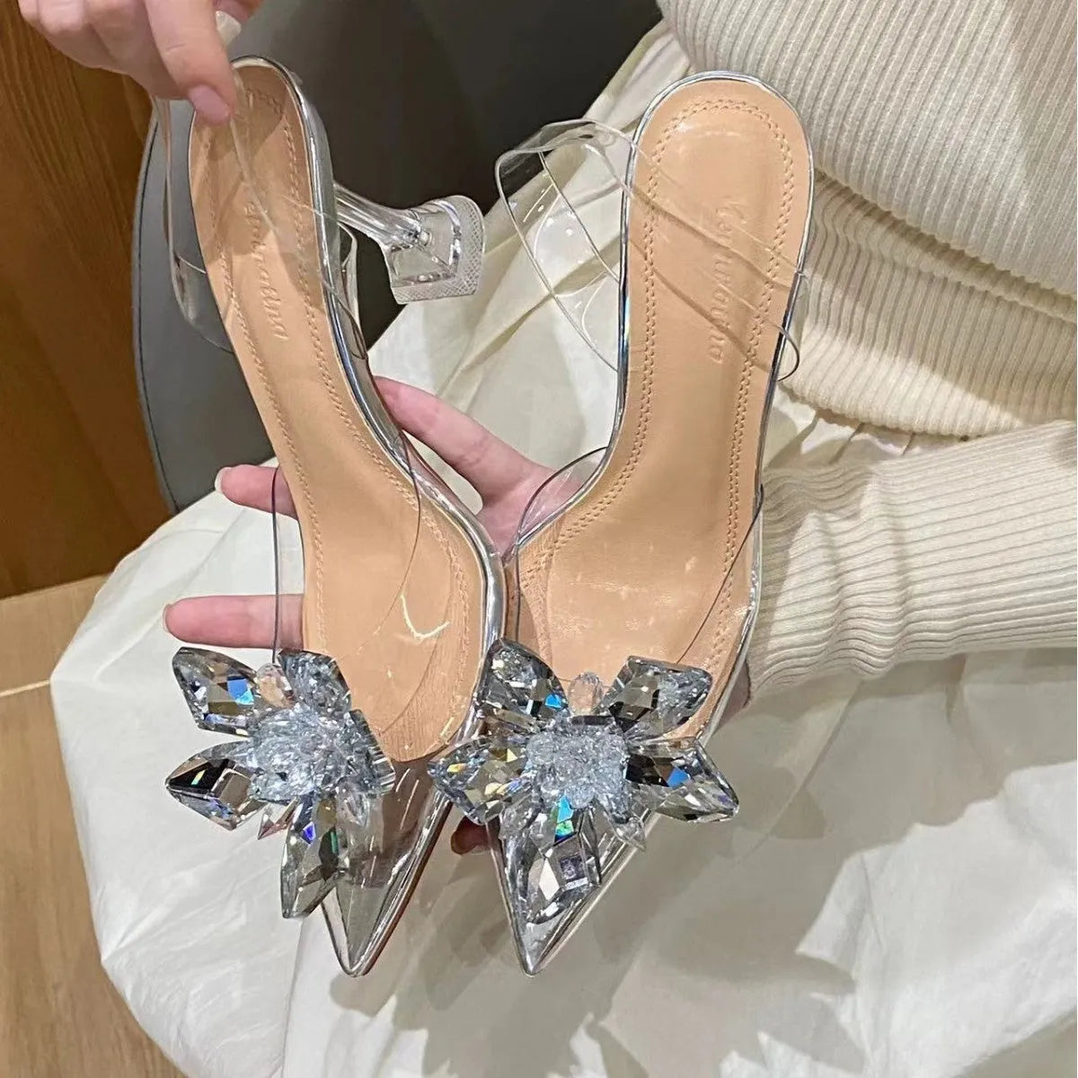 Women's transparent high heels with crystal flower detailing and pointed toe in microfiber