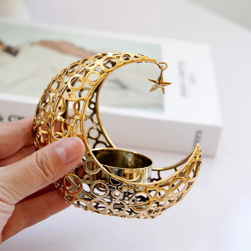 Metal crescent moon candle holder hollow star design black finish 10.5cm set of two