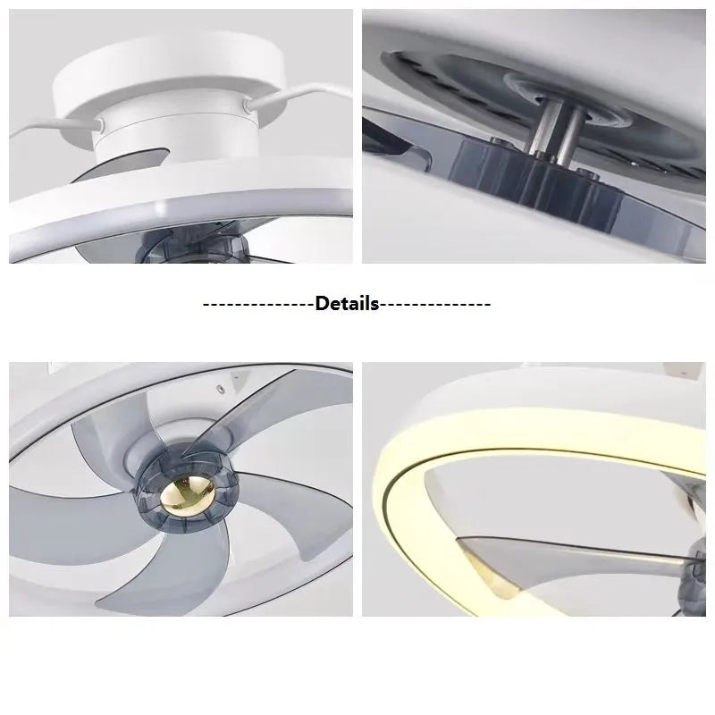 Modern ceiling fan lamp with light showing PC blades and acrylic shade in rose gold finish