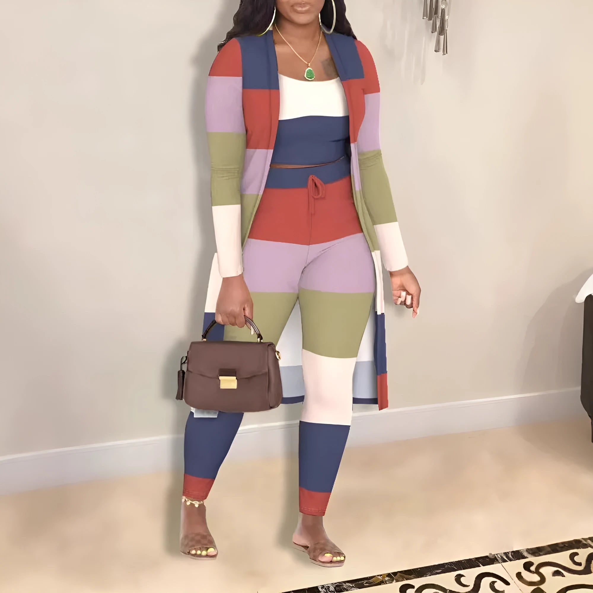 Women's multicolour plaid three-piece set with long sleeve coat, vest and trousers on model