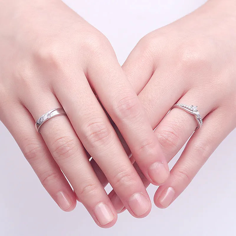 Simple sterling silver couple ring set in white gold finish with gem inlay