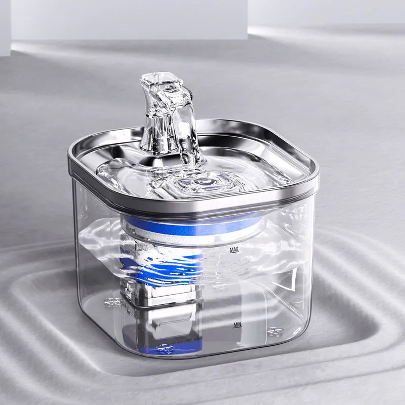 Stainless steel automatic cat dog water fountain with 2L capacity and ultra-quiet pump on white background