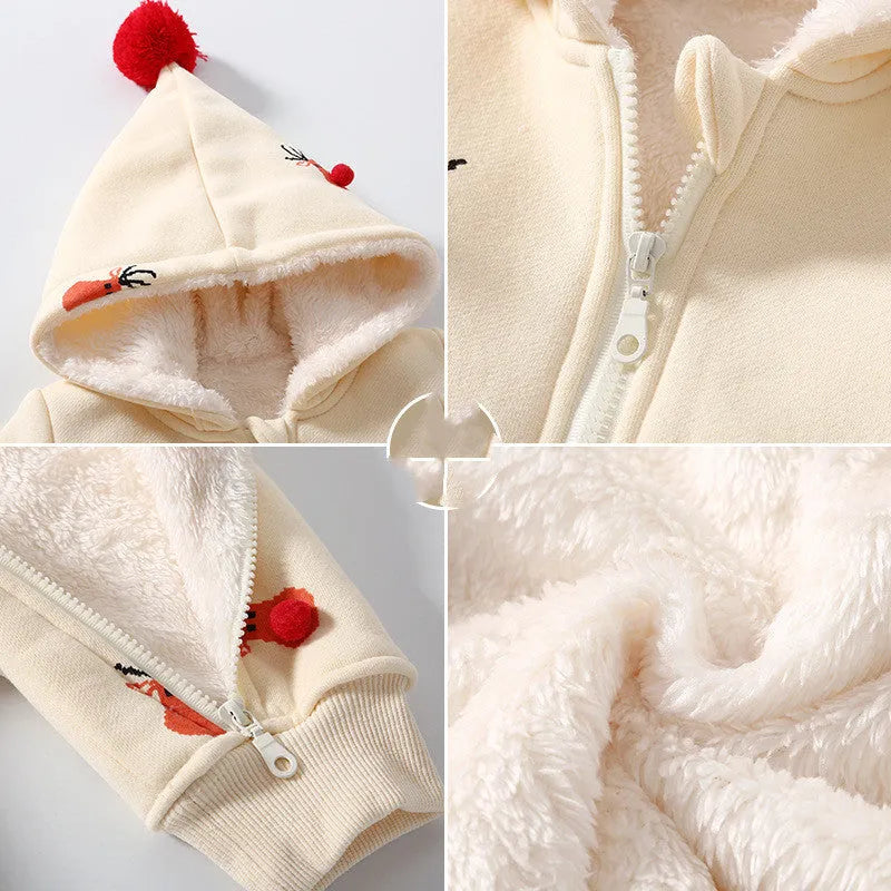 Khaki baby crawling suit with Christmas moose pattern showing padded one-piece construction