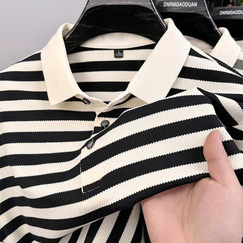 Men's black lapel jacquard stripes short-sleeve shirt on a hanger, showing asymmetrical design.