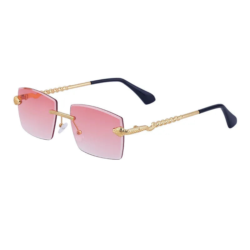 Men's rimless sunglasses with UV400 PC lenses in golden tea wood grain bag finish