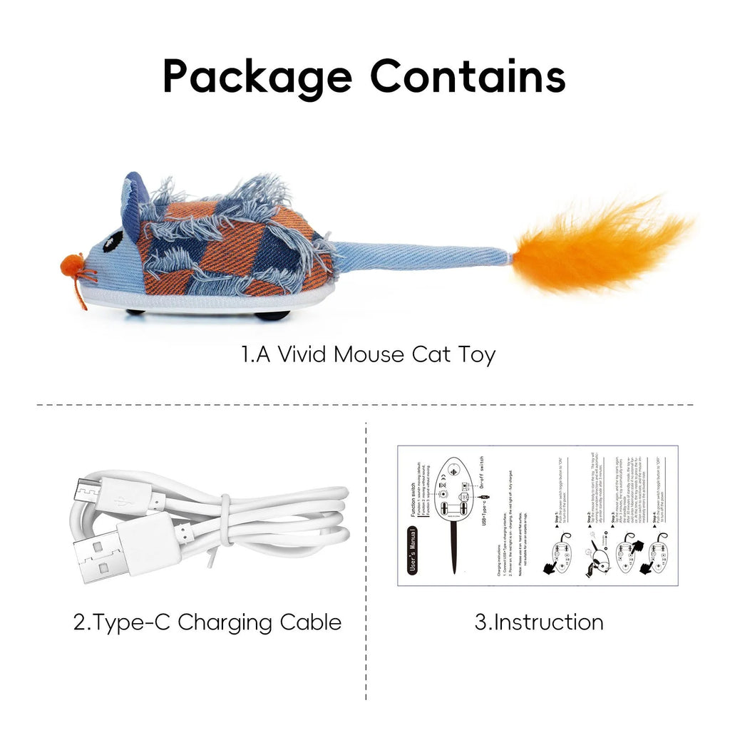 Motion cat toy electronic moving mouse with feather tail and rechargeable battery