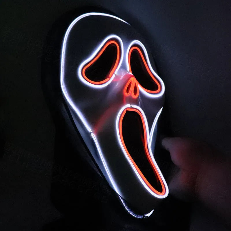 Halloween scary skull LED glowing screaming mask with white shell and ice blue light on plastic headgear