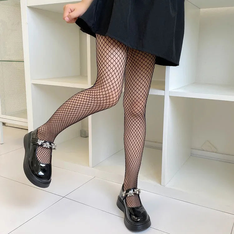 Women's sheer mesh pantyhose showing large, medium, and small mesh patterns in black and white colours.