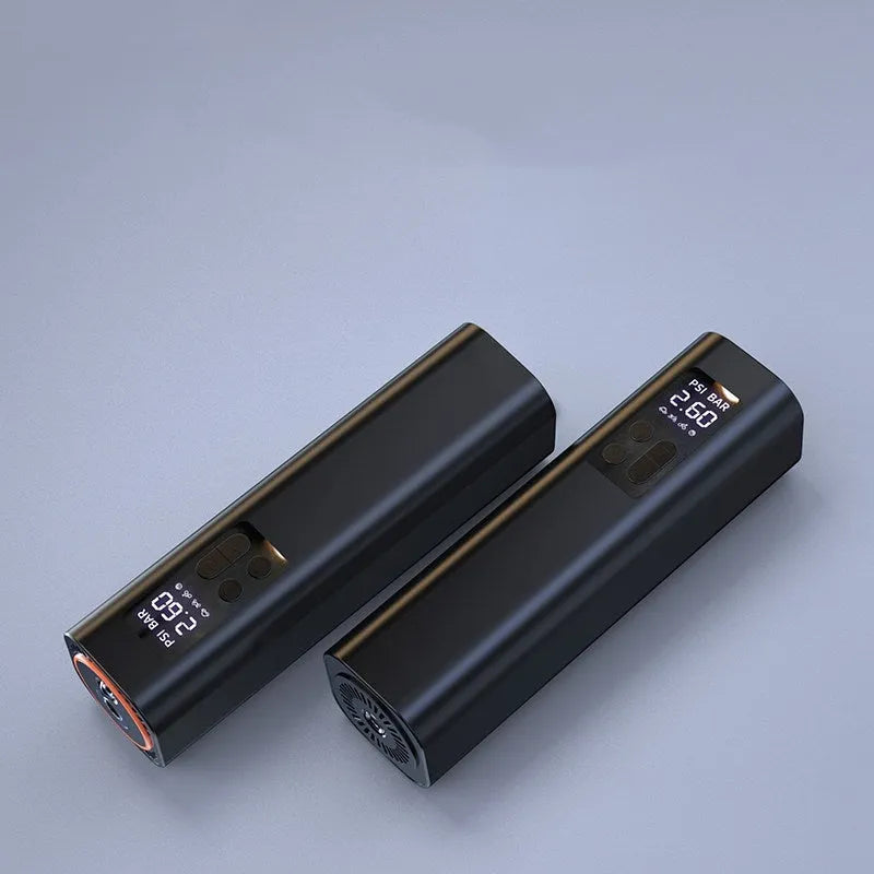 Black Super Mini digital car tyre inflator with LED display showing pressure readings