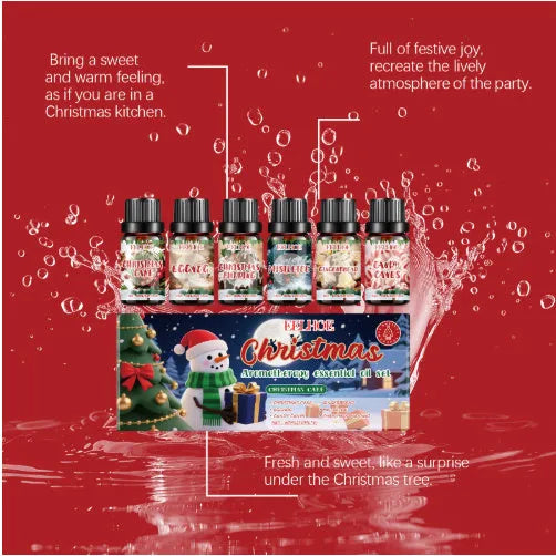Christmas aromatherapy oil set showing six bottles including 60ml and 10ml sizes for festive home fragrance