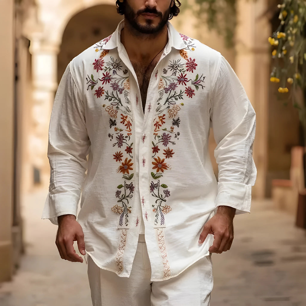 Men's loose-fit cardigan with long sleeves and a 3D printed retro pattern, in a single colour.