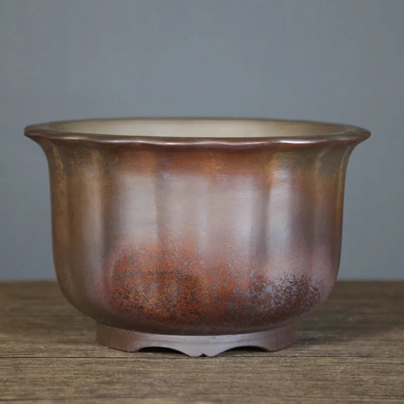 Indoor antique carved purple sand ceramic bonsai pot in classical style