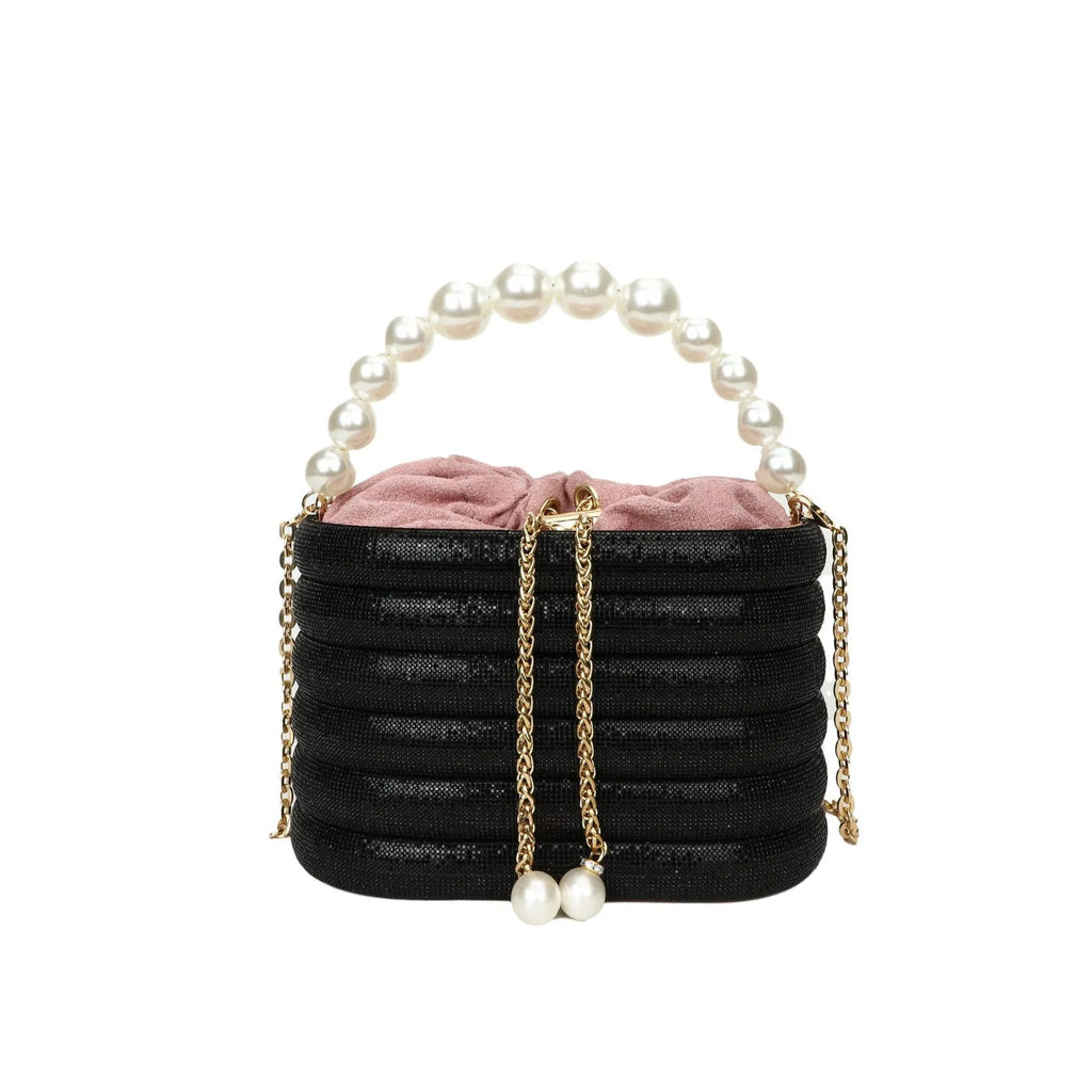 Women's round retro crossbody bag with pearl beading in soft PU material, shown in multiple colours.