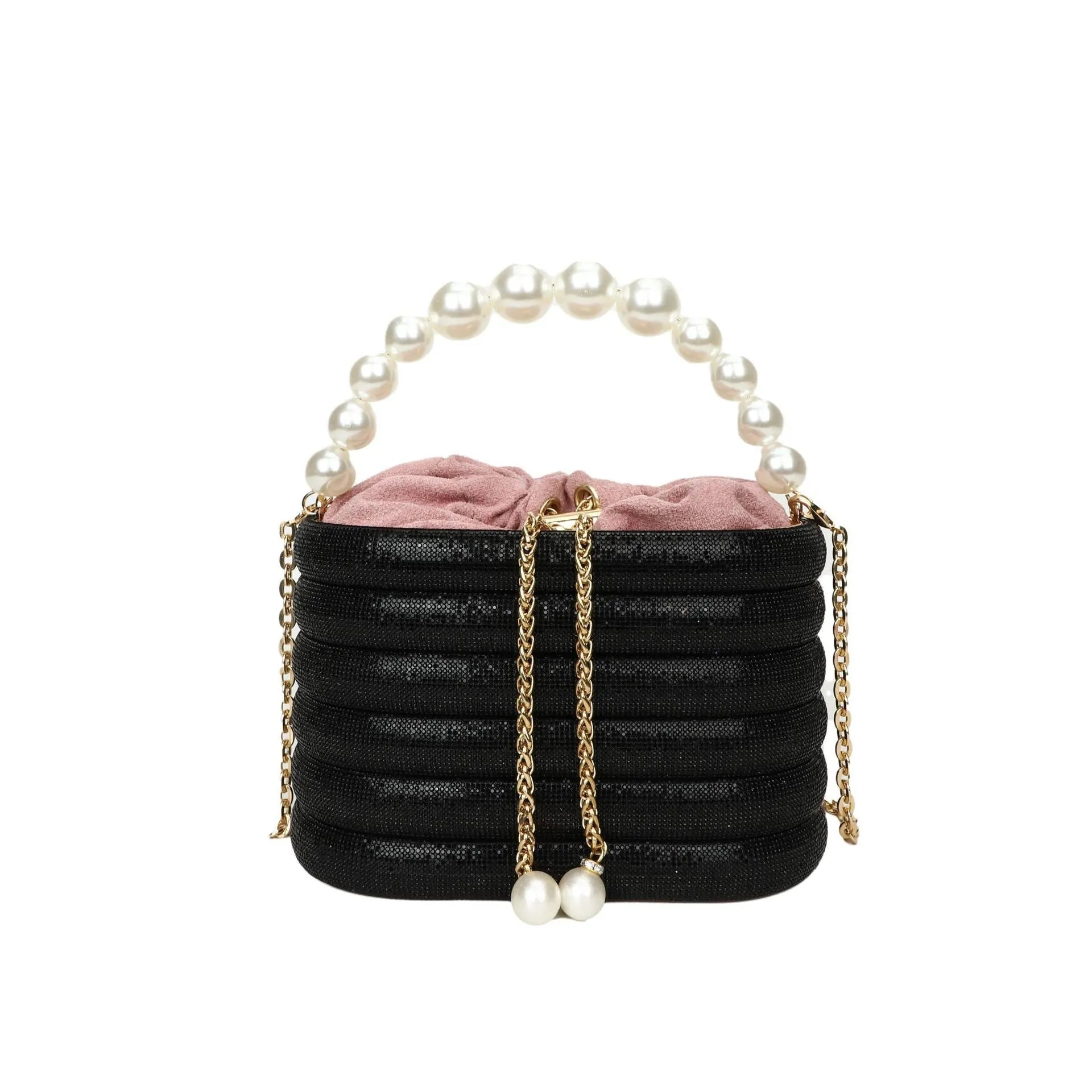 Women's round retro crossbody bag with pearl beading in soft PU material, shown in multiple colours.