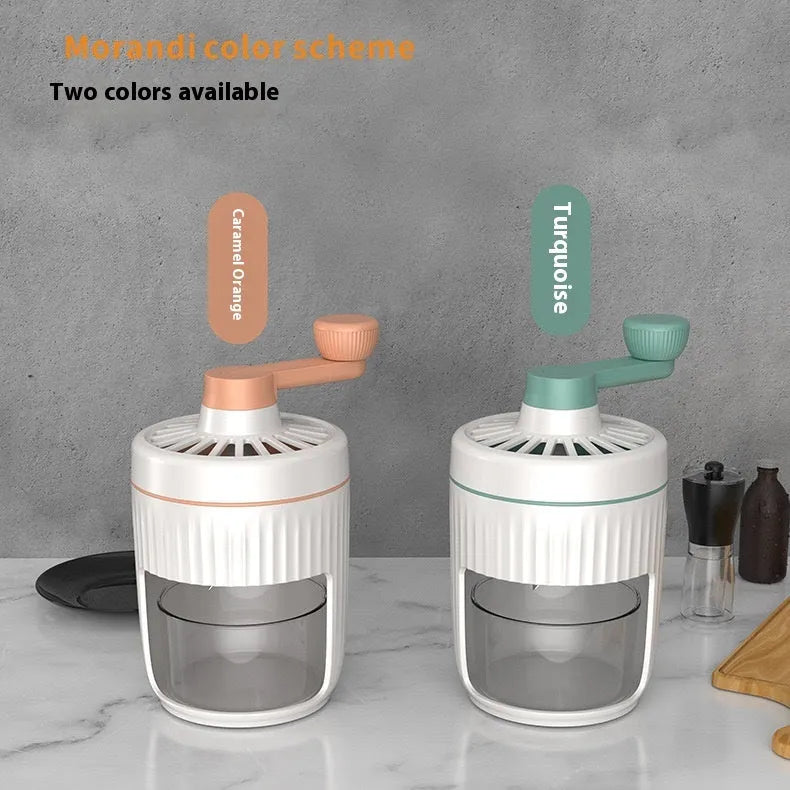 Hand-cranked ice shaving machine in green, compact portable design with removable ice box and stainless steel blade