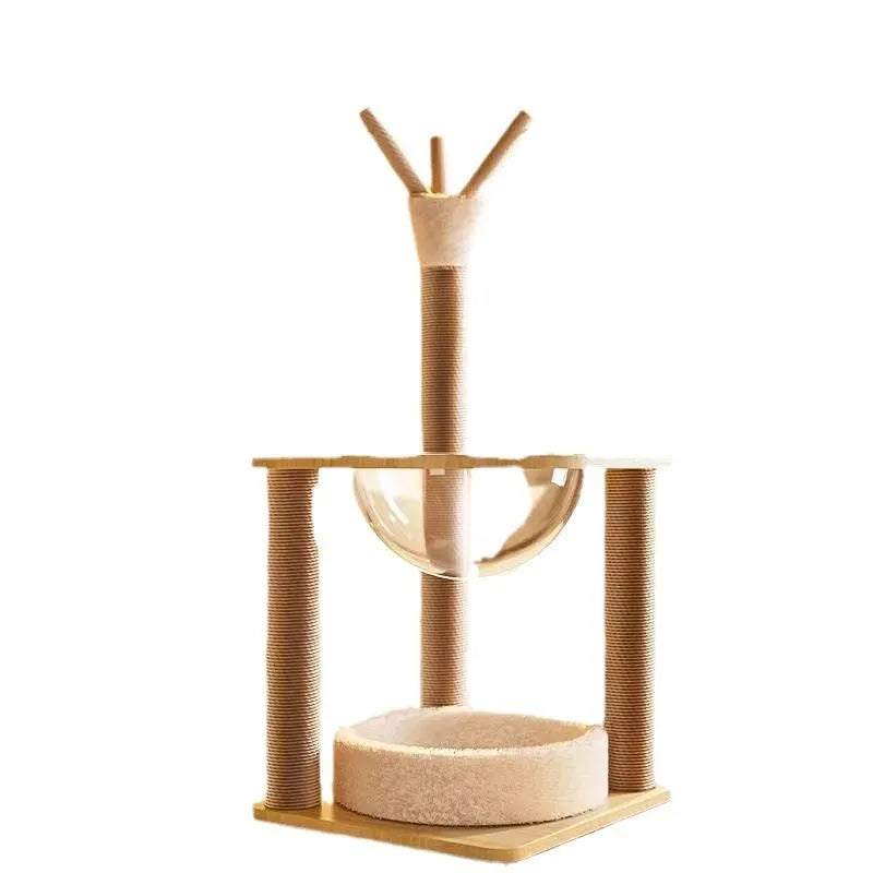 Wooden cat climbing frame with integrated space capsule pet bed in natural wood colour