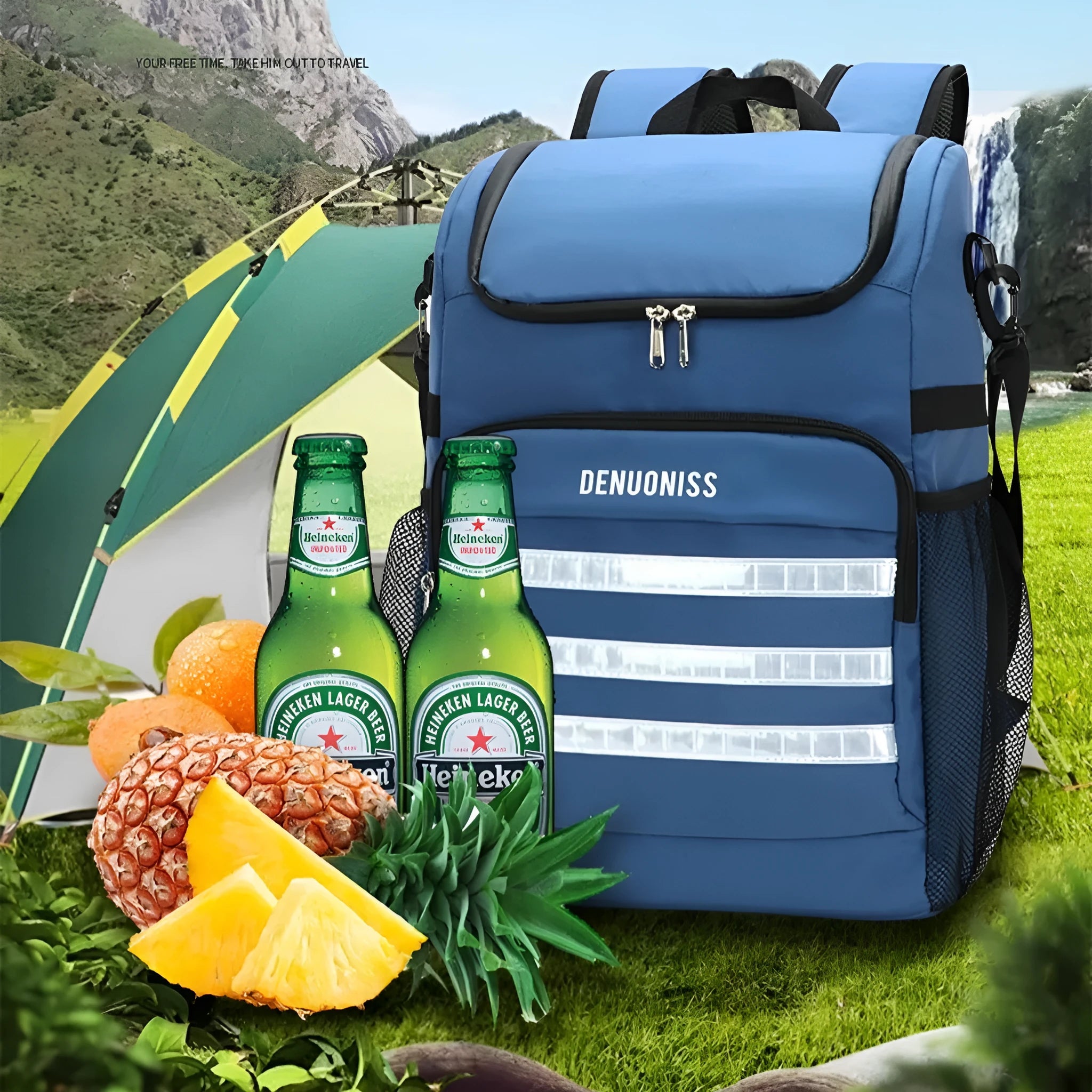 Waterproof insulated cooler backpack with mounted bottle opener in lake blue colour showing 20 litre capacity
