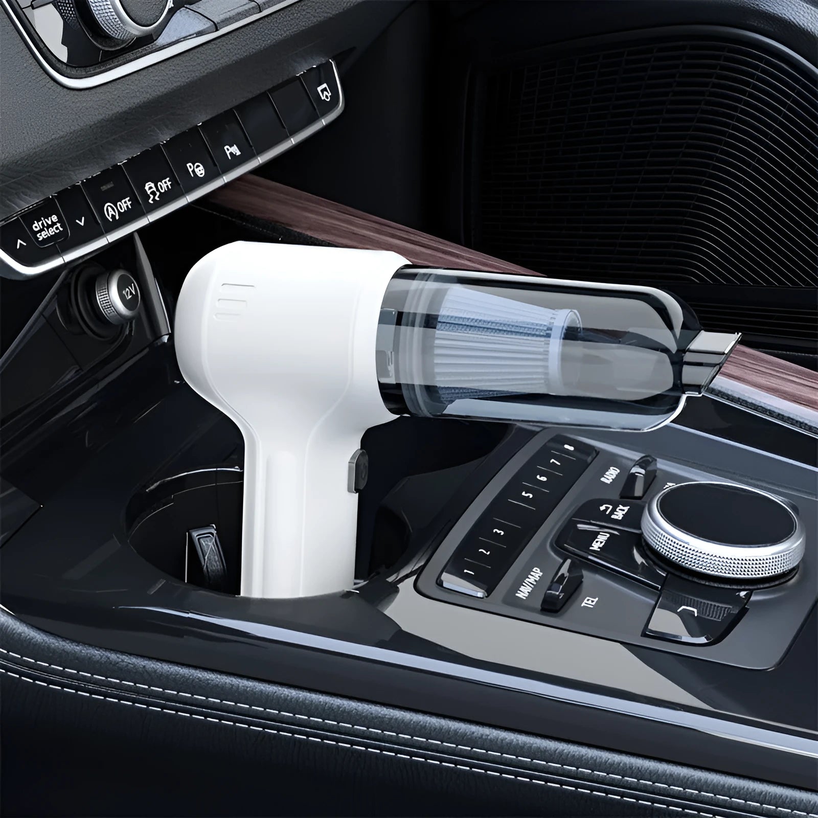 Black wireless wet and dry car vacuum cleaner with multiple nozzle attachments on a white background.