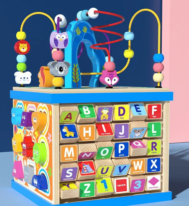 Blue wooden bead treasure box activity centre for toddlers with multi-functional play scenes