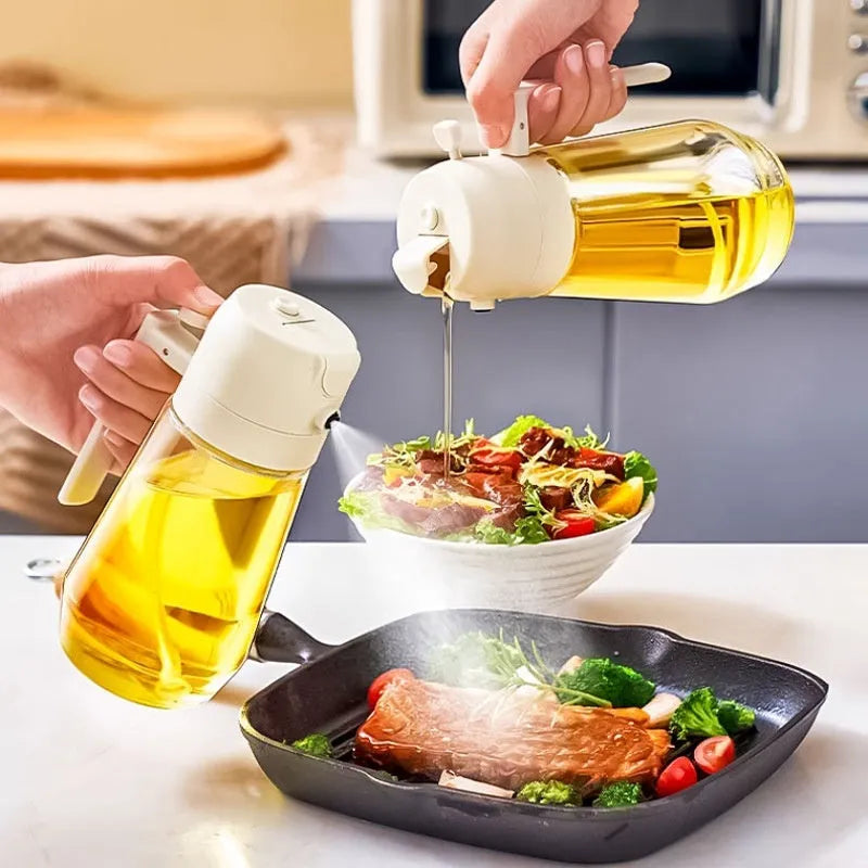470ml glass oil sprayer and pour bottle in beige, black, green, and yellow colours with ergonomic handle