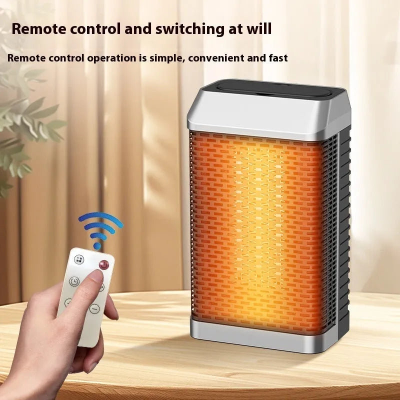 Black remote control desktop warm air heater with compact design and oscillating grille.