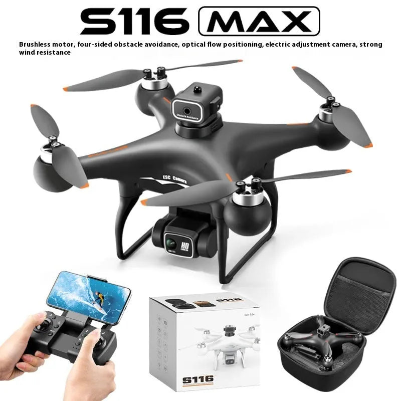 Black HD brushless quadcopter drone with four propellers, remote control, and battery on a white background.