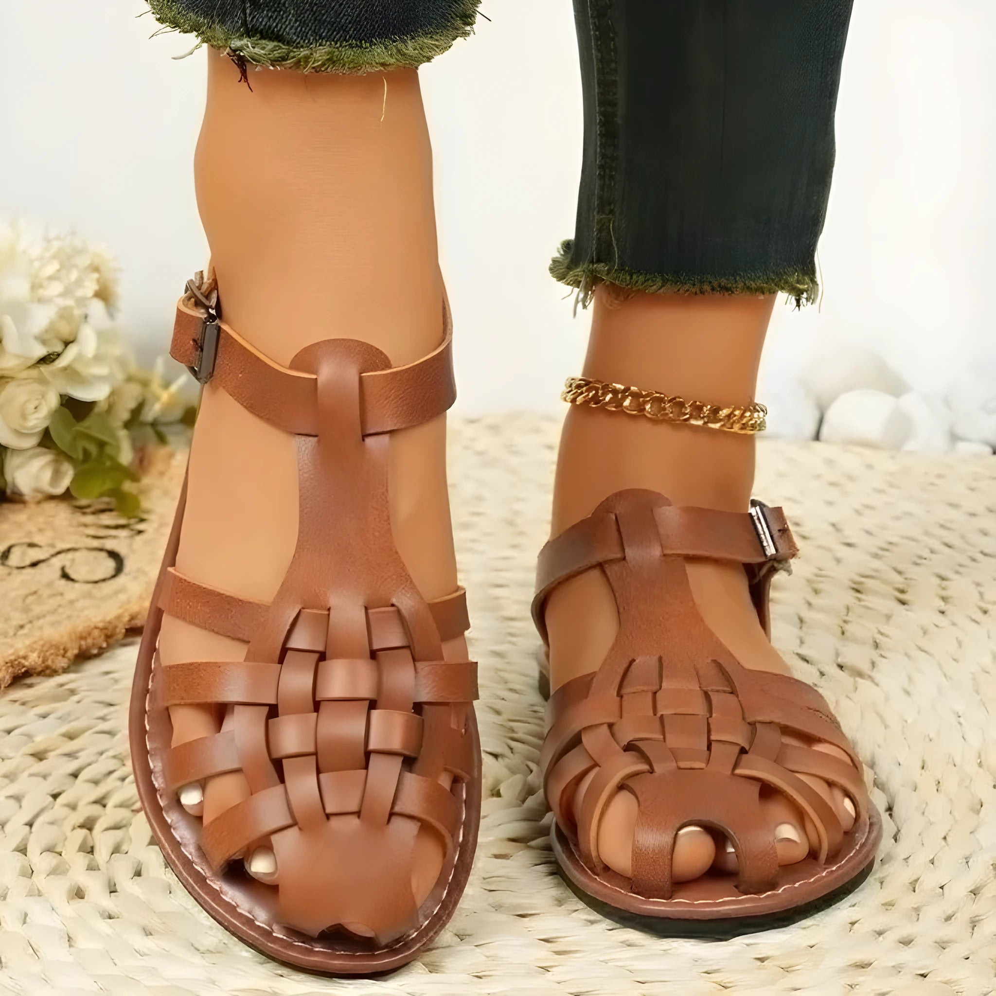 Dark brown women's vintage weave sandals with closed toe, roman buckle, and a soft rubber sole.