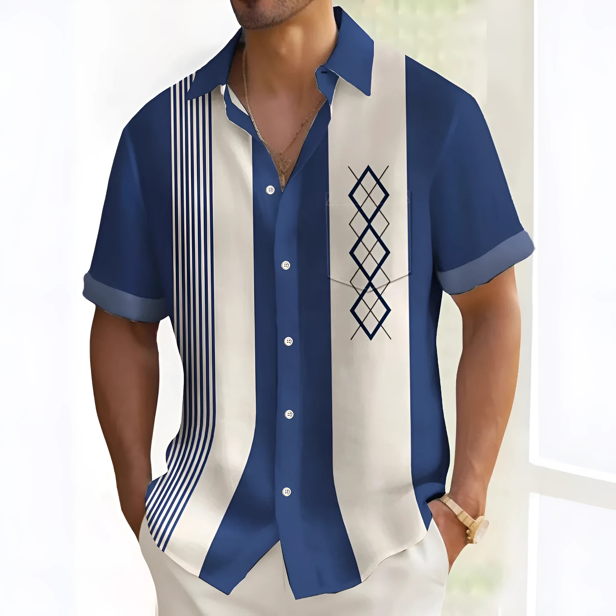 A man's loose-fitting printed casual shirt in a cardigan style, shown in one of five available multicolour patterns.
