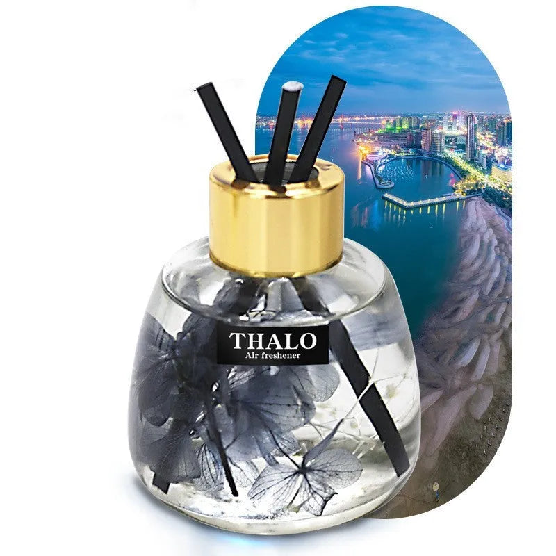 Glass bottle-shaped car perfume ornament for air freshening, shown in various colour options.
