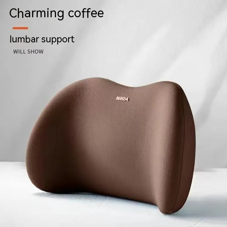Black memory foam car headrest pillow and matching lumbar support pillow on a car seat.