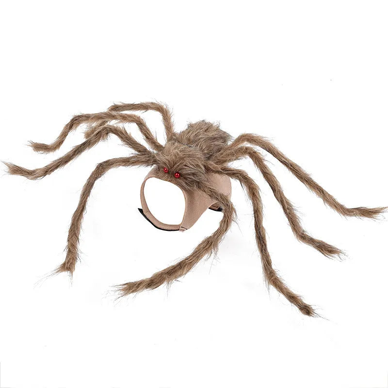 Grey, brown, and black with purple big spider costume for a dog or cat on a white background.