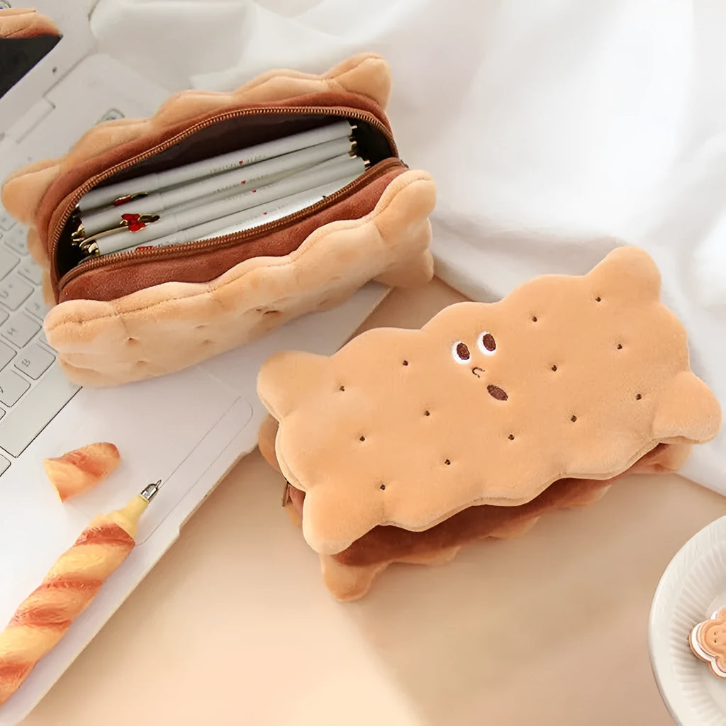Sandwich biscuit plush pencil bag in plush material with cartoon design, suitable for school stationery storage