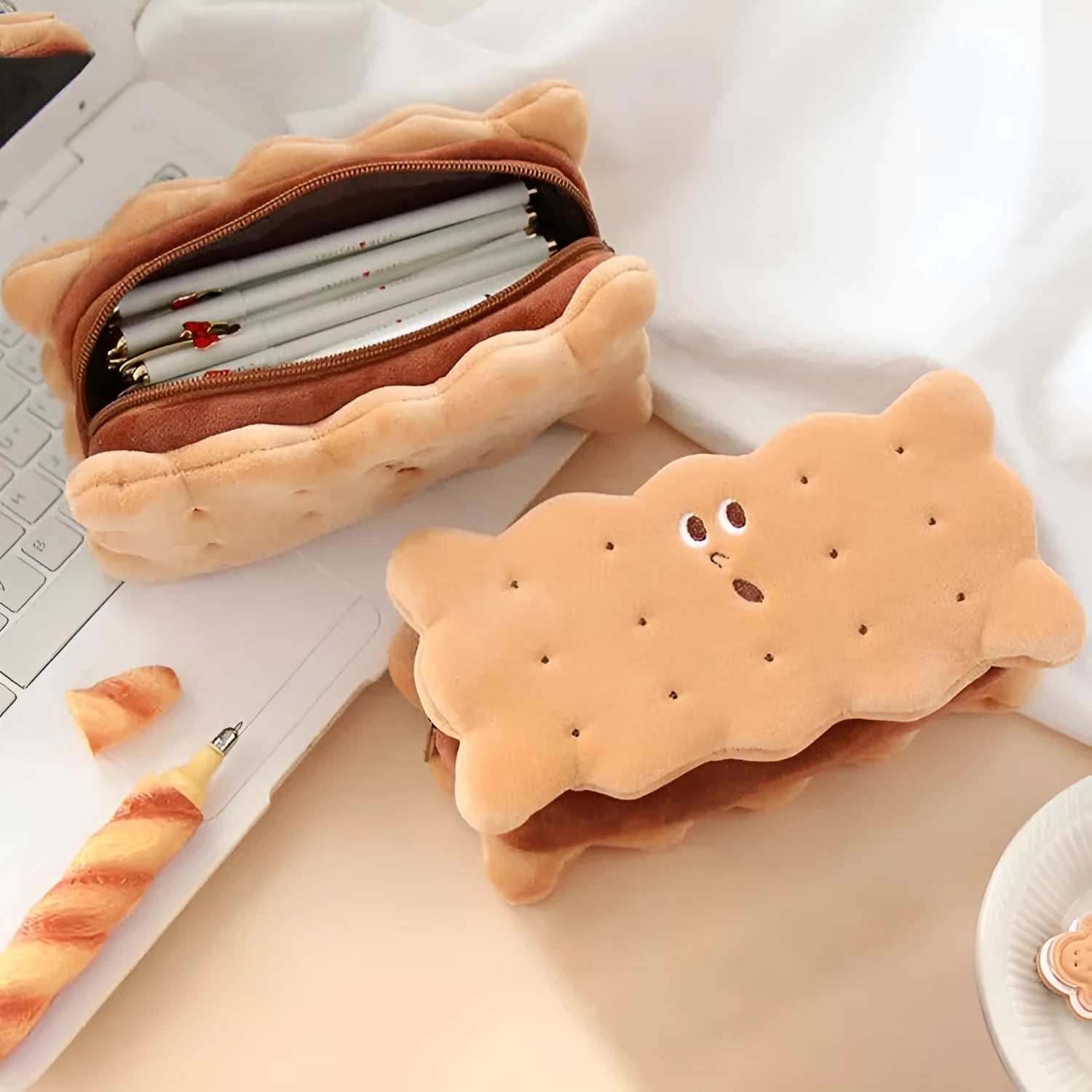 Sandwich biscuit plush pencil bag in plush material with cartoon design, suitable for school stationery storage
