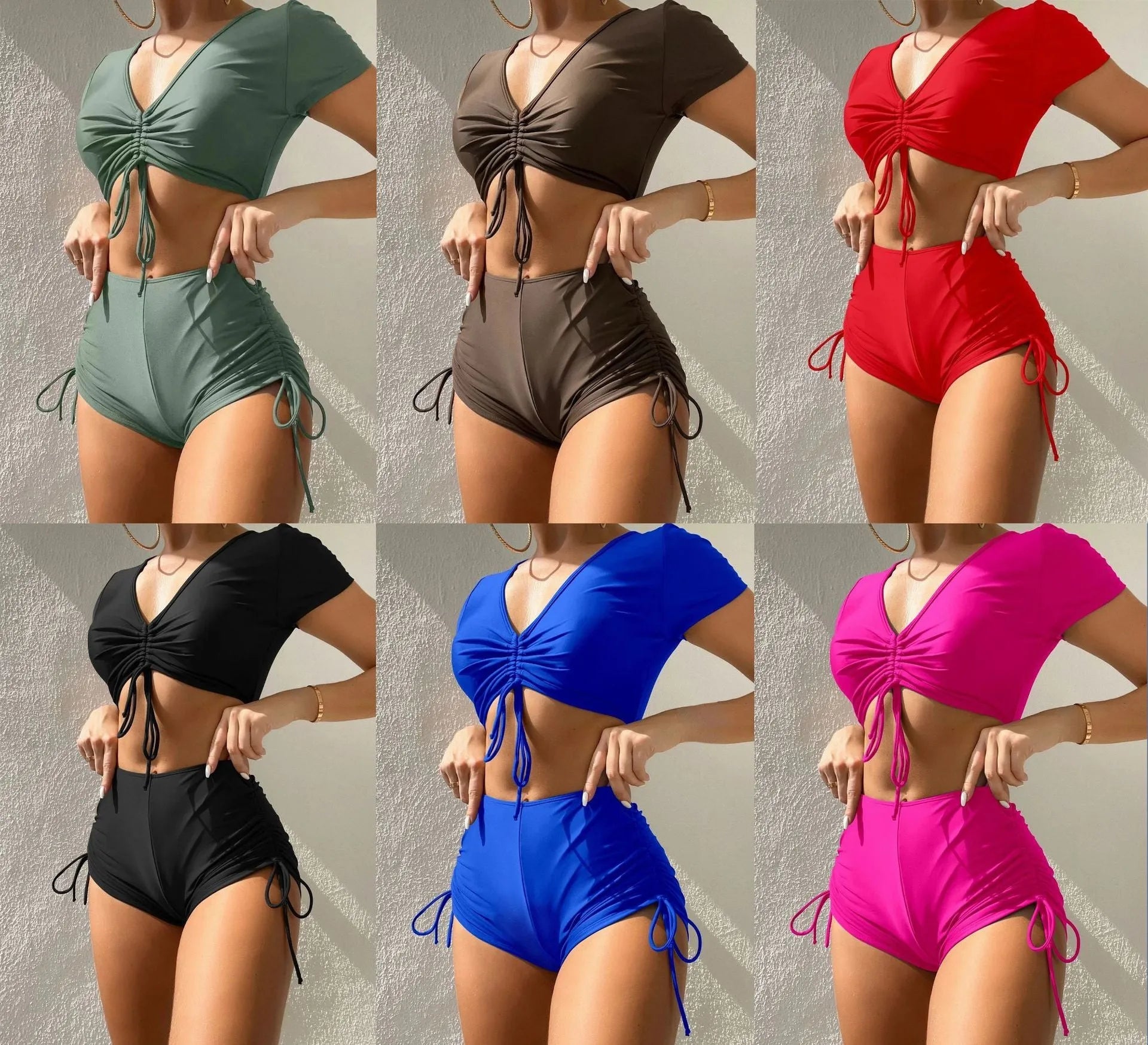 Lady lace-up bow swimsuit set with matching shorts in dark green colour