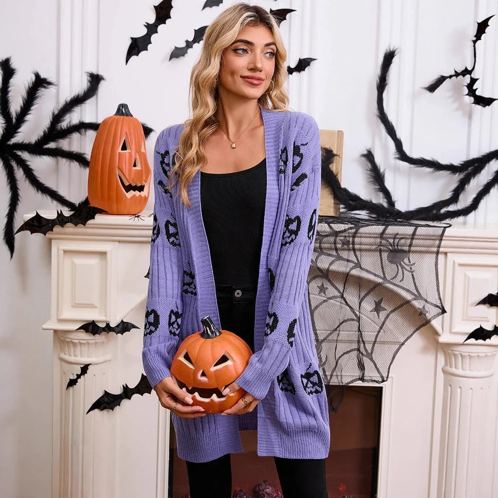 Women's black Halloween cardigan with Jacquard-knitted orange pumpkin head pattern and straight-cut design