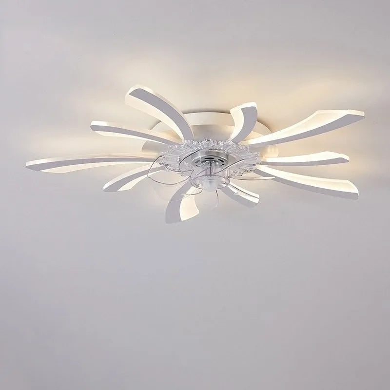 Modern white ceiling fan light with six-blade design and integrated light fitting on a room ceiling.