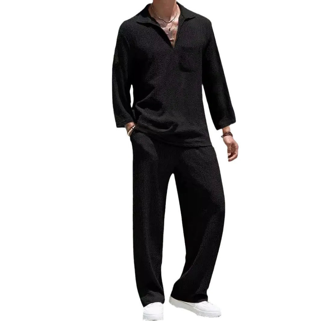 Men's casual shirt and trousers commuter suit set in lake blue, displayed on a hanger.