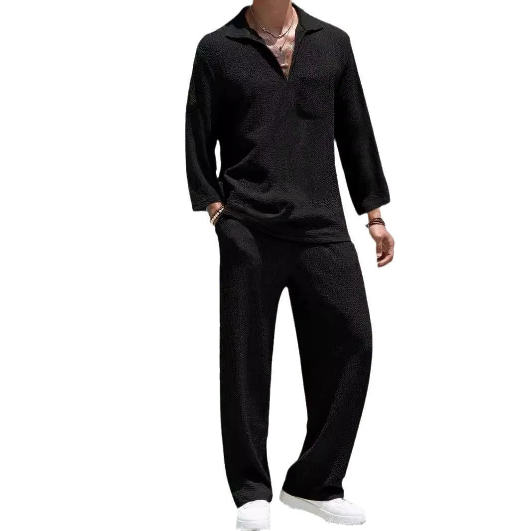 Men's casual shirt and trousers commuter suit set in lake blue, displayed on a hanger.