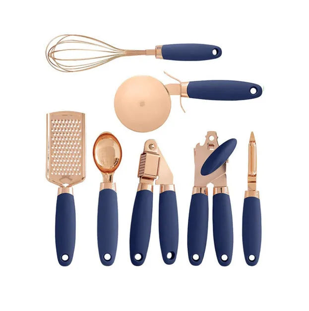 Seven-piece kitchen utensil set with stainless steel blades and copper-plated handles in multiple colour options