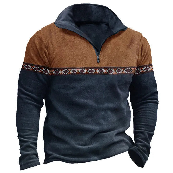 Retro patchwork pattern on a zip-front polo shirt sweater in a cotton blend fabric.