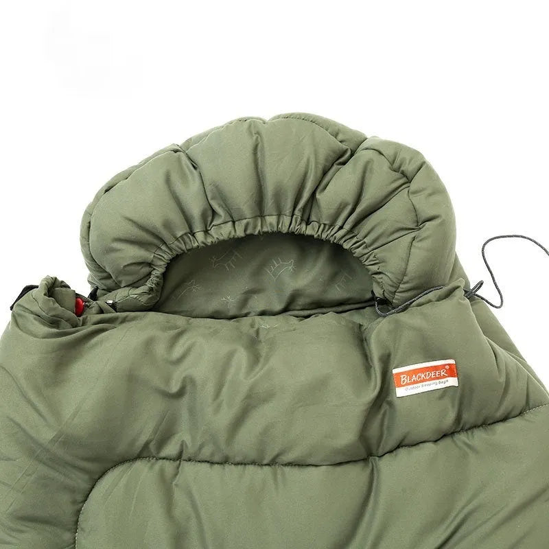 Ultra-light cotton camping sleeping bag quilt shown in ochre and olive green colours, folded for portability.