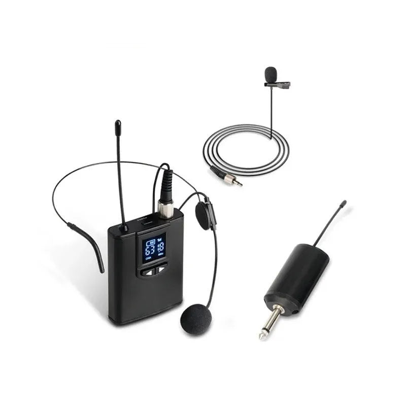 Silver head-mounted wireless microphone with headband and clip for hands-free speaking