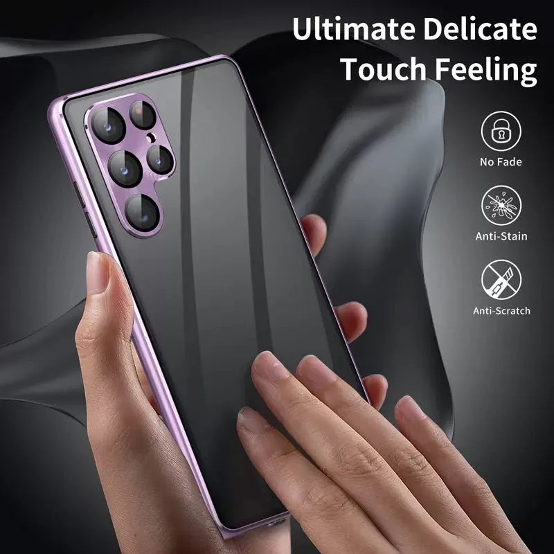 Black metal Samsung S24 Ultra phone case with a magnetic ring and a peep-proof mirror on the back.