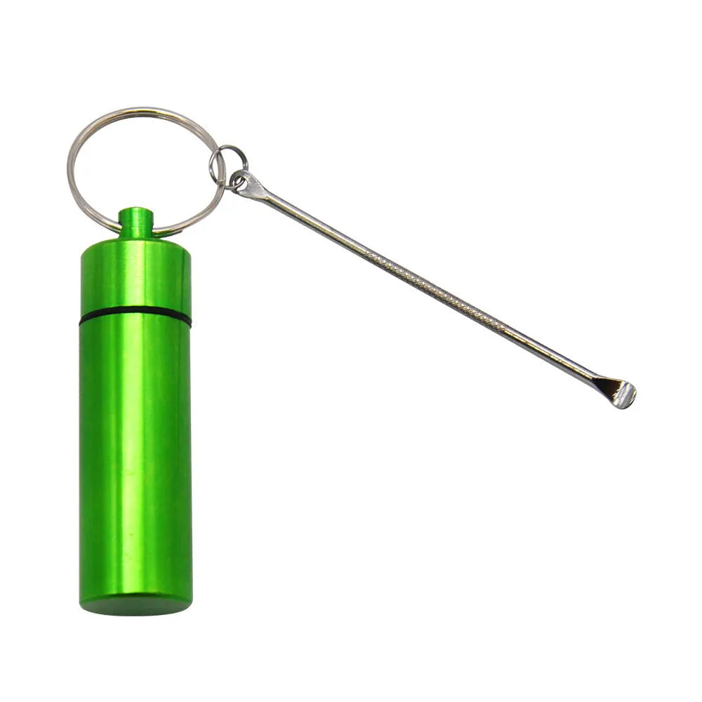 Aluminium pill storage bottle with built-in measuring spoon and keychain attachment in multiple colour options