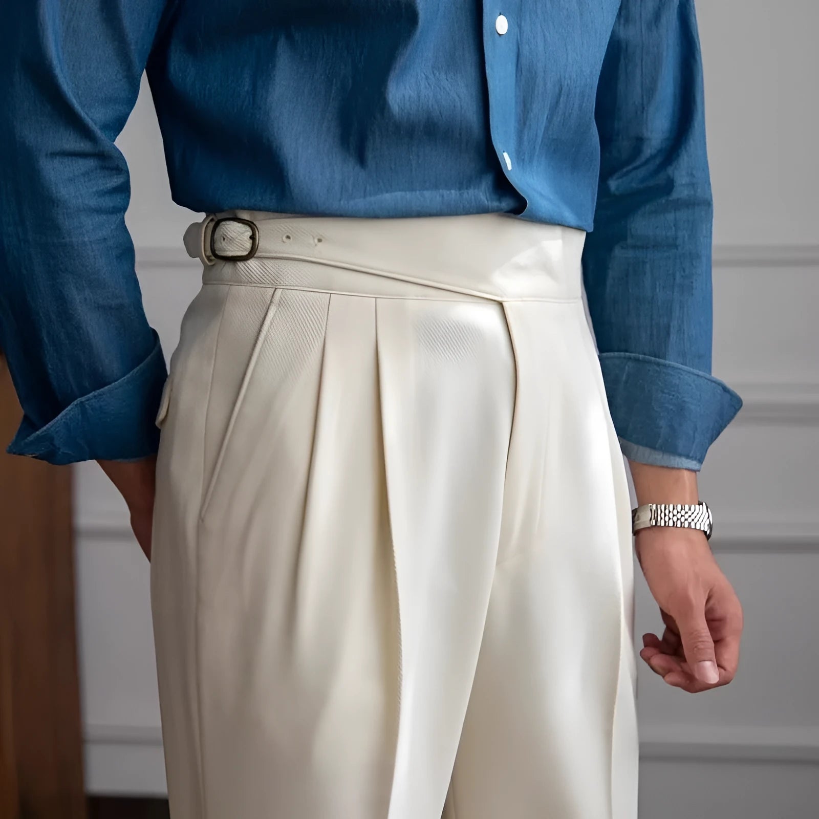 Men's high-waist straight-leg casual trousers in black polyester fabric