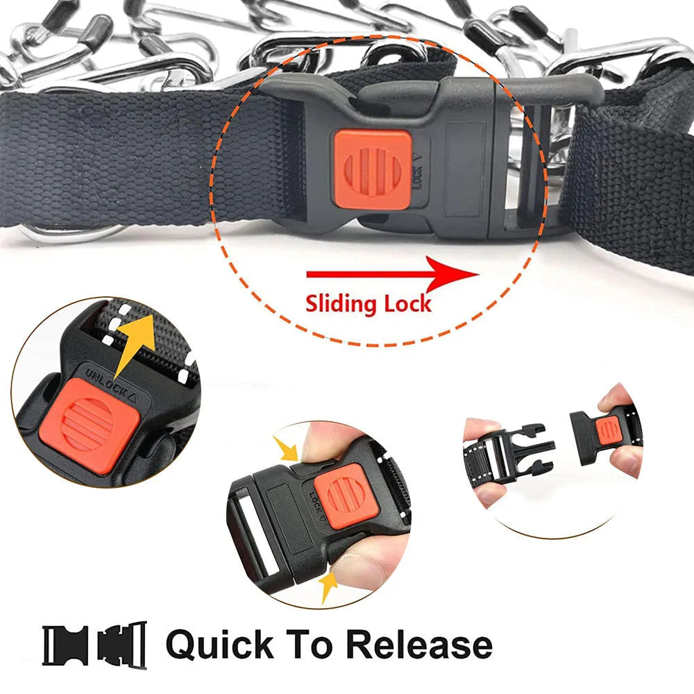 Stimulation dog training collar with prongs, nylon cover, and reflective strip in various colours and sizes.