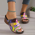 Women's ethnic sandals with coloured totem pattern, cowhide upper, slope heel, and round toe.