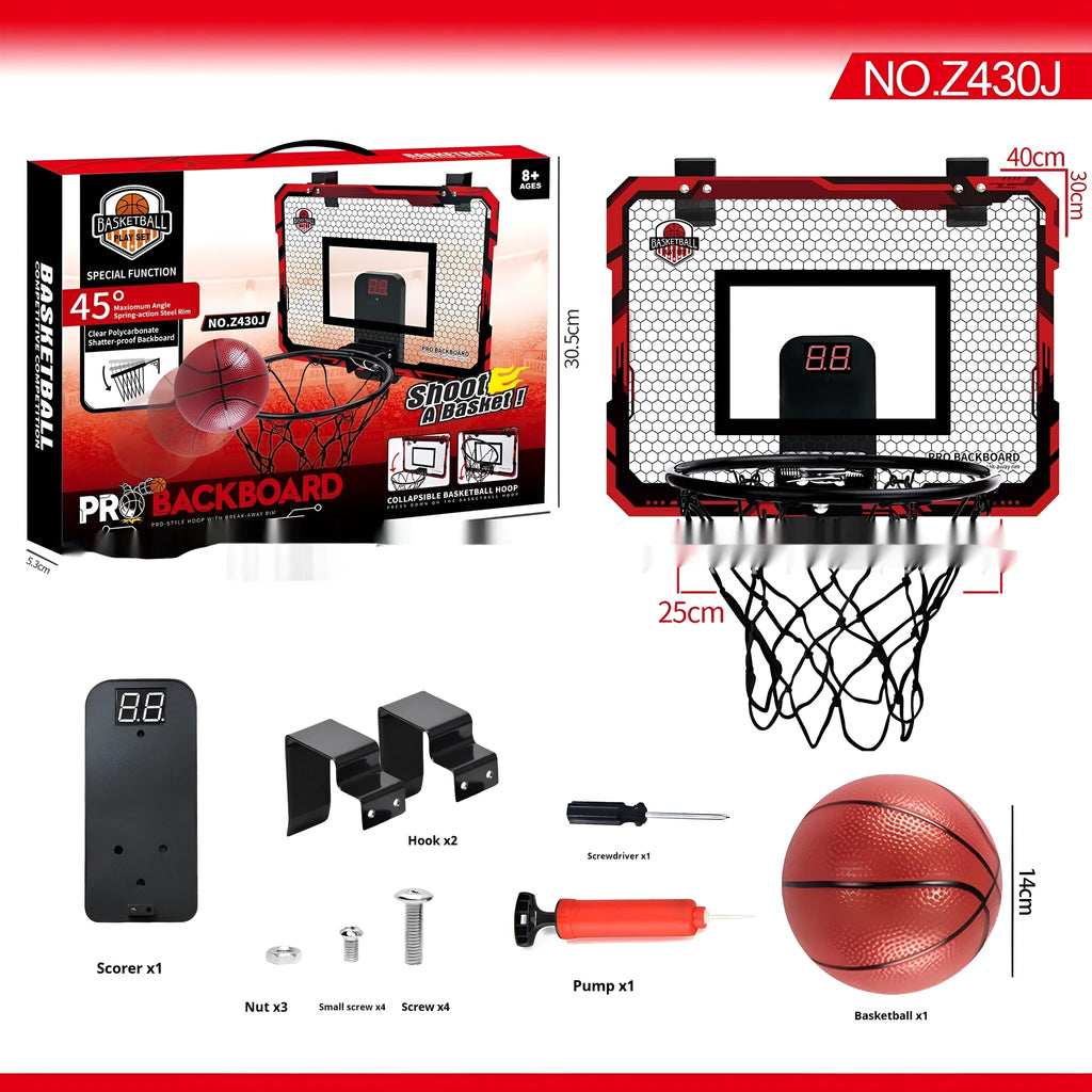 Red and blue folding basketball frame with suction cups, shown as dunk scorer and ball rack.